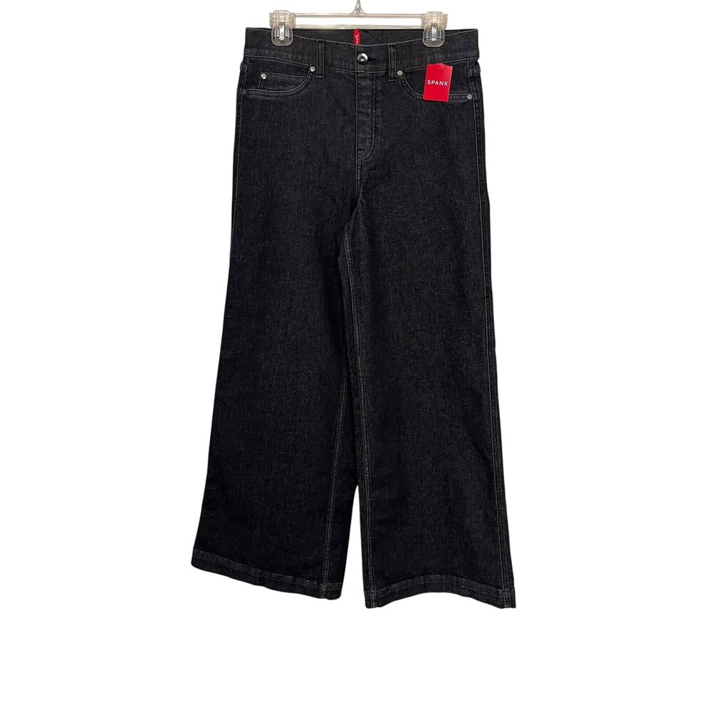 Spanx Wide Leg Jeans Sz Large Charcoal Denim High Rise Stretch Shapewear NWT